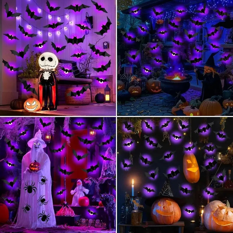 3D Bat Decor Halloween Purple Light/No Light Wall Sticker Bat Night Light for Halloween Party Scare Decoration Festive Supplies