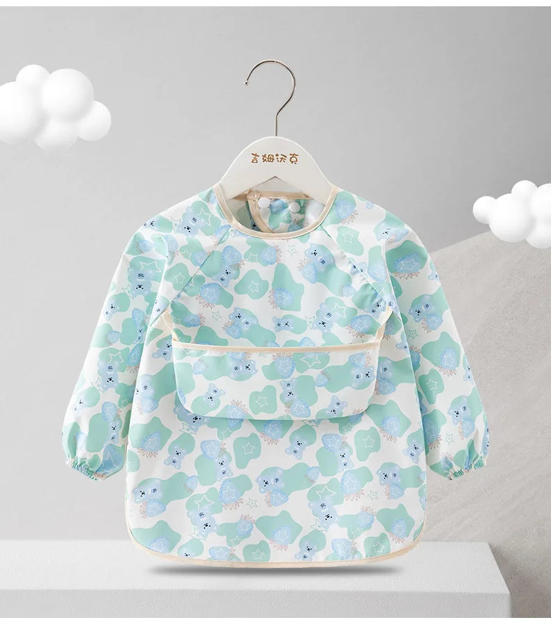 1PC Child Feeding Bib Waterproof Long Sleeve Apron Rice Pocket Feeding Blouse Toddler Bibs Children's Summer Thin Feeding Smock