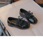 Kids Square Dance Performance Shoes Black Solid Color Girls Princess Shoe with Double Bow 2024 New Girls Leather Shoes Soft Sole