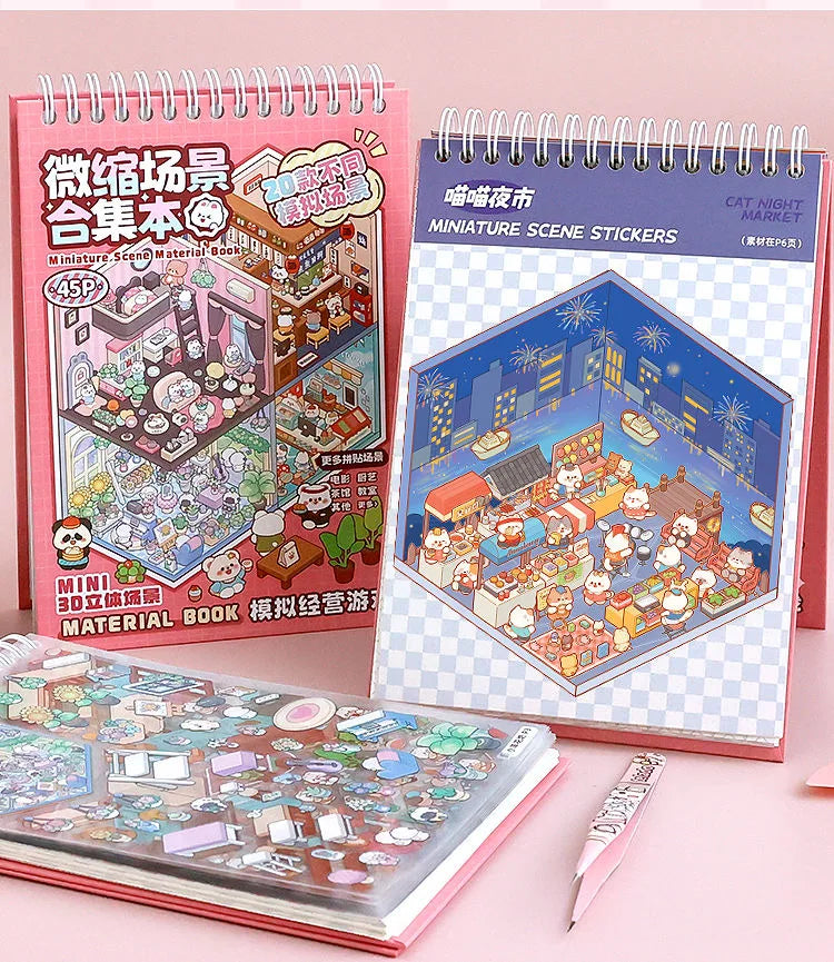 20Pcs Scenes Cartoon Landscape Sticker Book Forest Village DIY 3D Sticker Cabin Scene Pocket Birthday Gift for Kid Child Student