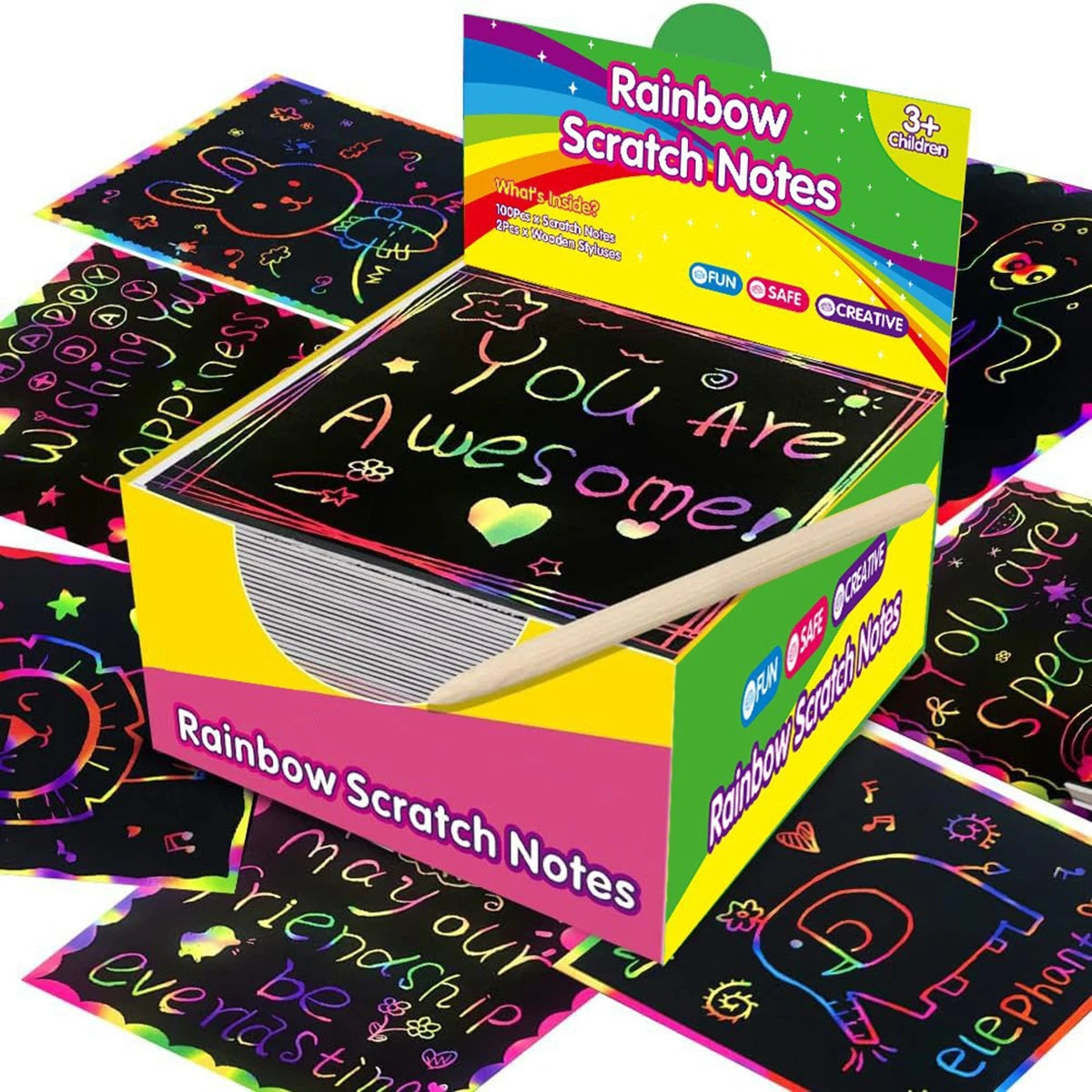 100pcs Scratch Paper Art Set Scratch Off Rainbow Magic Paper with 2 Bamboo Stylus Black Scratch Notes Xmas Birthday Gift Card