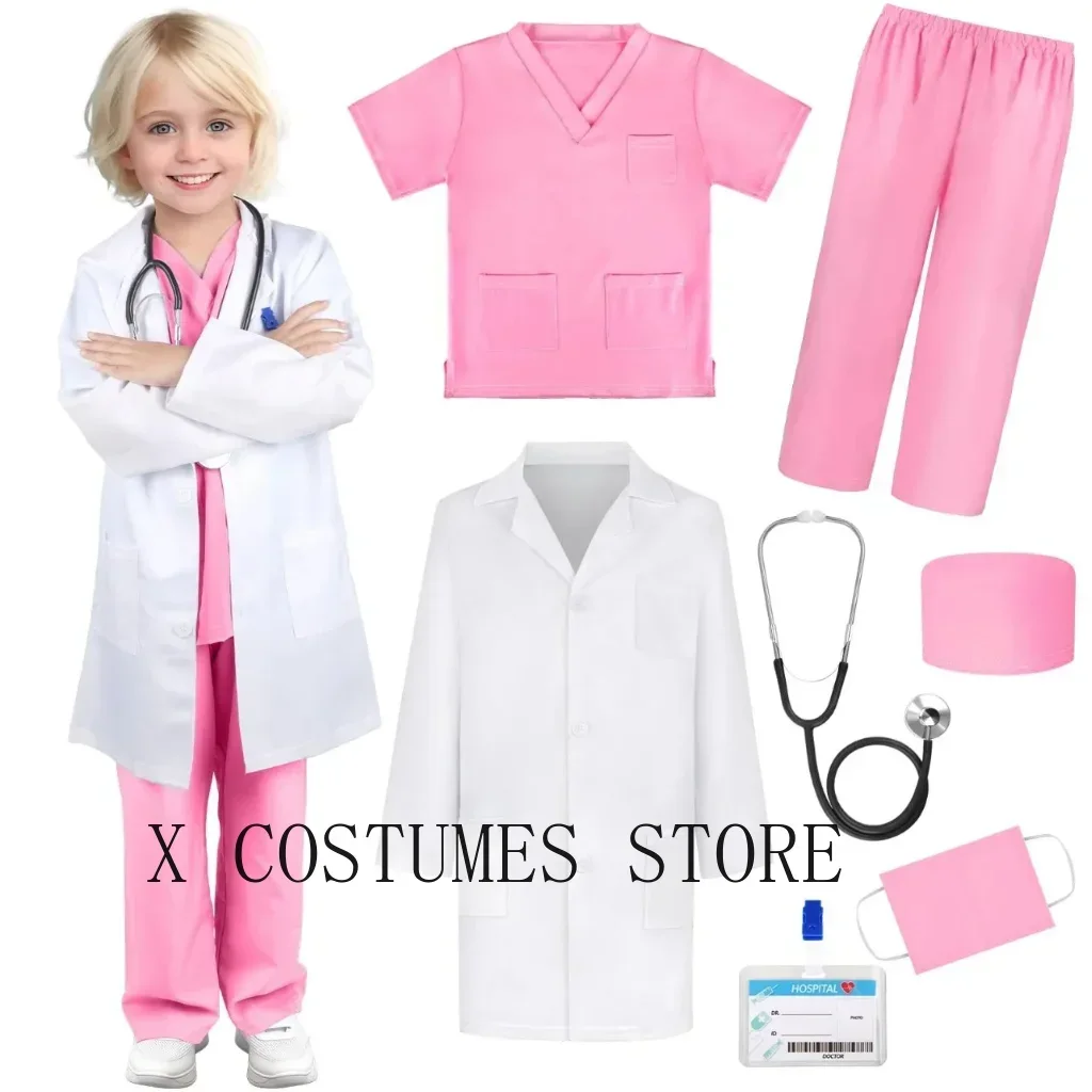 Kid's Doctor Cosplay Nurse Costume Nurse Suit Doctor's V Neck Surgical Suit Boys Girls Halloween Party Epidemic Role Clothing