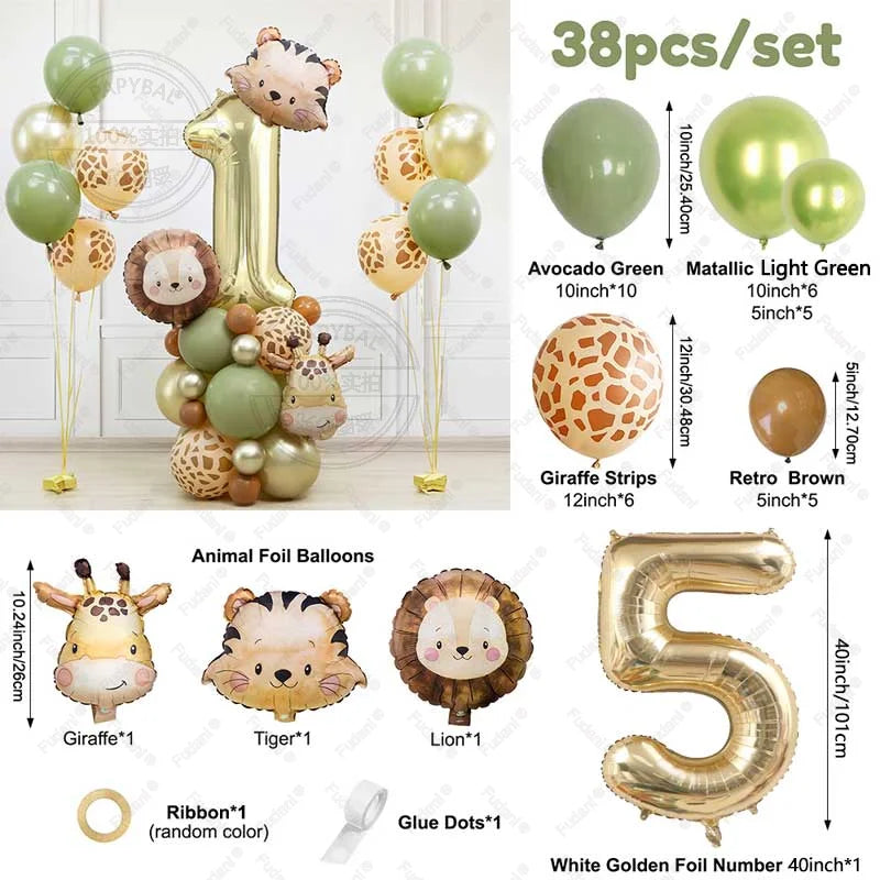 38pcs Wild Animal Balloon Tower with Gold 1-9 Number Balloon for Jungle Safari Birthday Party Decoration Forest Party Supply