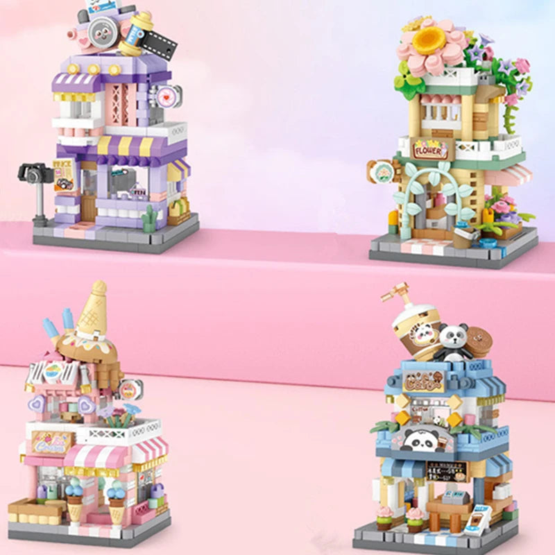 Mini ABS Self-Locking Bricks Street View Blocks Panda Coffee Ice Cream Flower Shop DIY Toy for Kids Girls Birthday Gift
