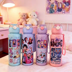Cartoon Figure Water Bottle, Portable Outdoor Straw Cup for Kids-Girls’ Summer Sports Leakproof Cute