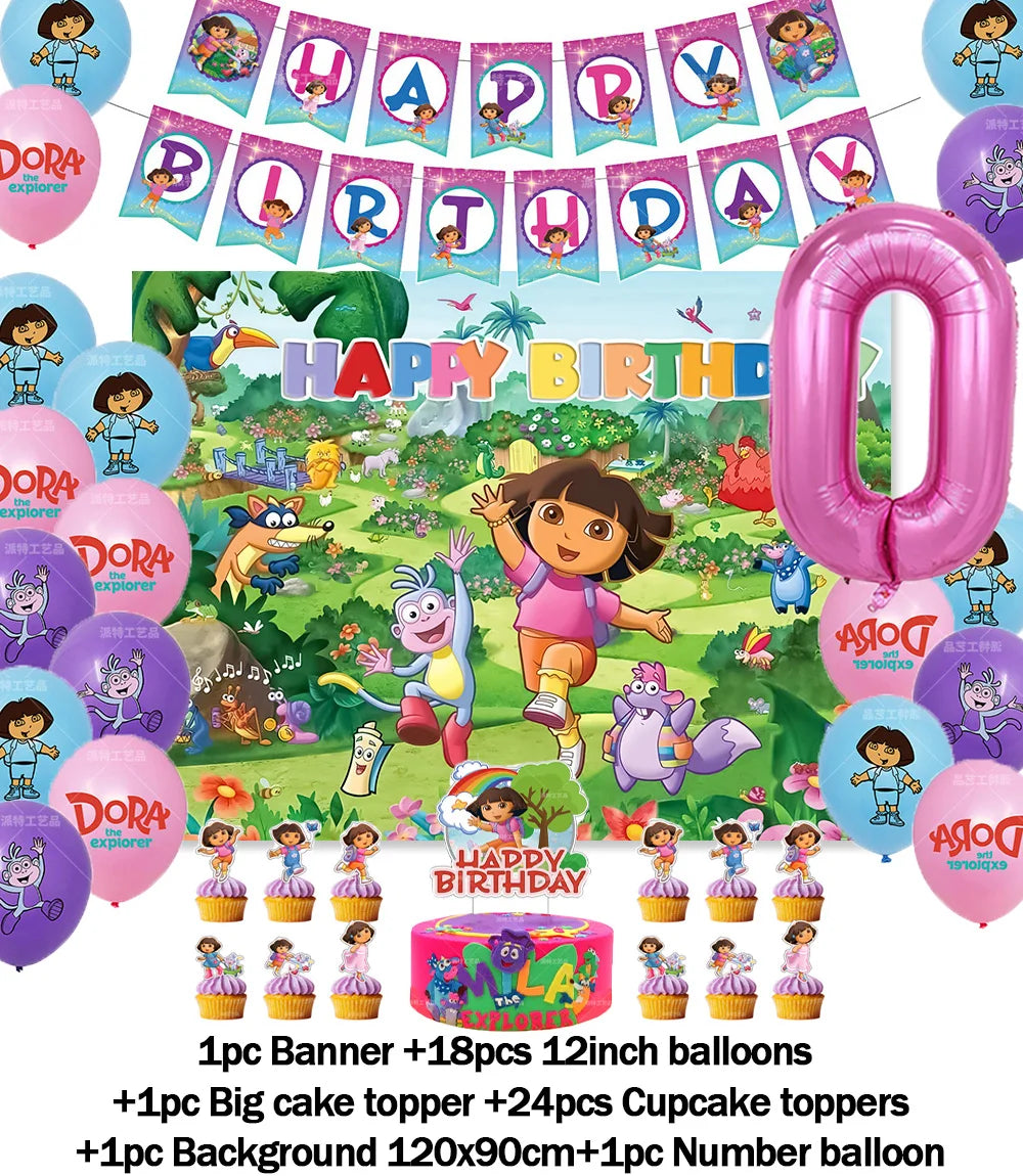 Cartoon-Dora-The-Explorer Theme Kids Birthday Party Digital Balloon Banner Background Cake Topper Decoration Supplies Baby Gifts