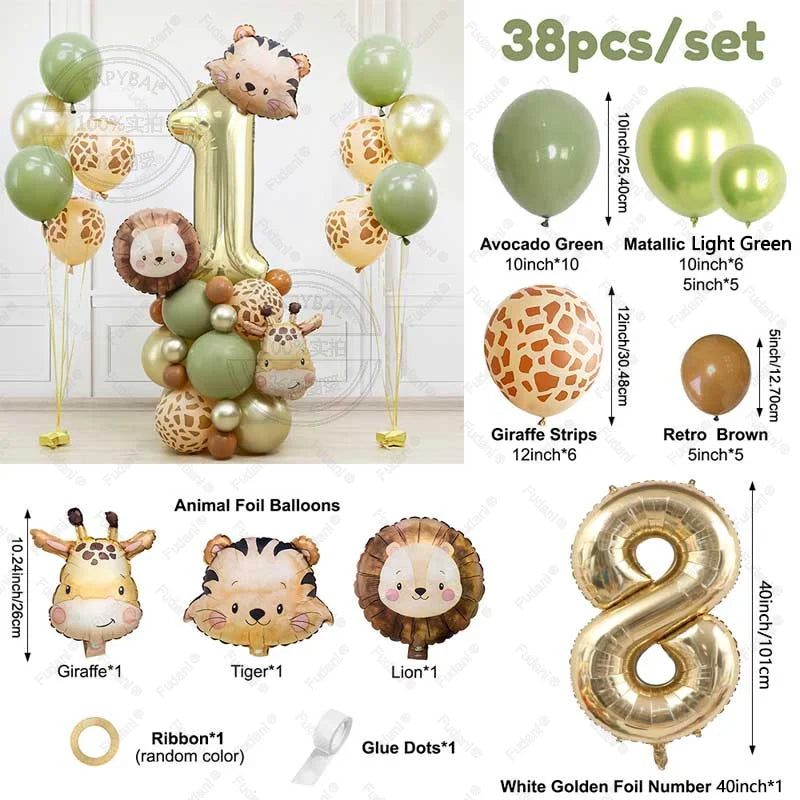 38pcs Wild Animal Balloon Tower with Gold 1-9 Number Balloon for Jungle Safari Birthday Party Decoration Forest Party Supply