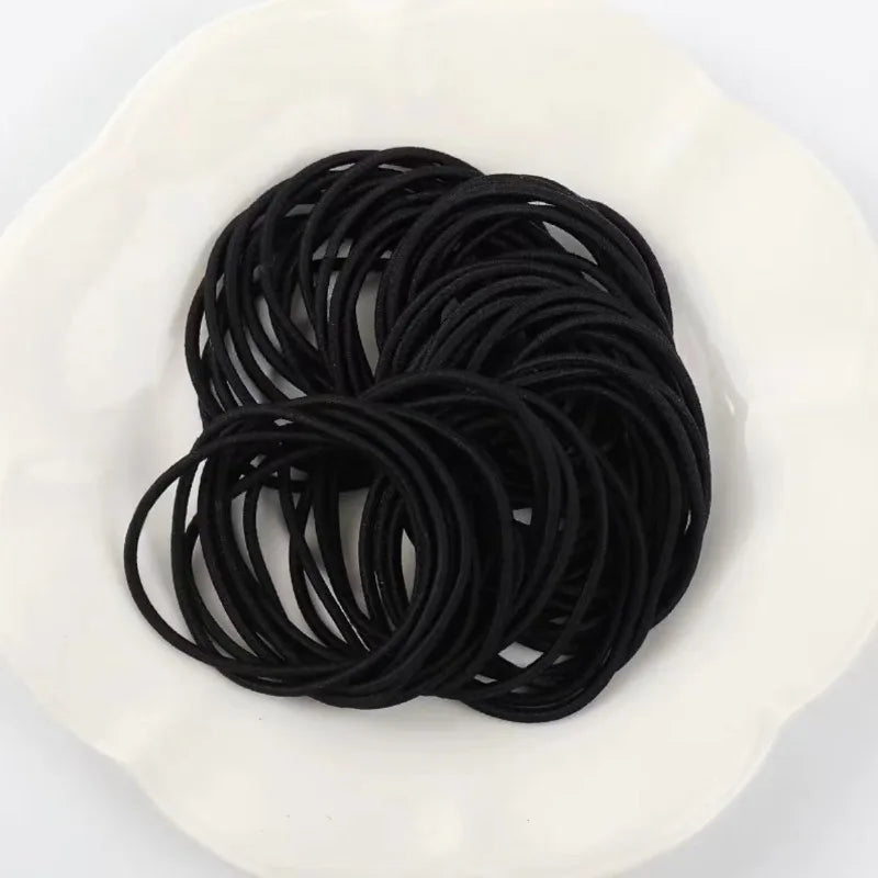 98/200Pcs Women's Black Elastic Headband Girls' Hair Rope Solid Color Ponytail Clip Simple and Durable Girls' Hair Accessories