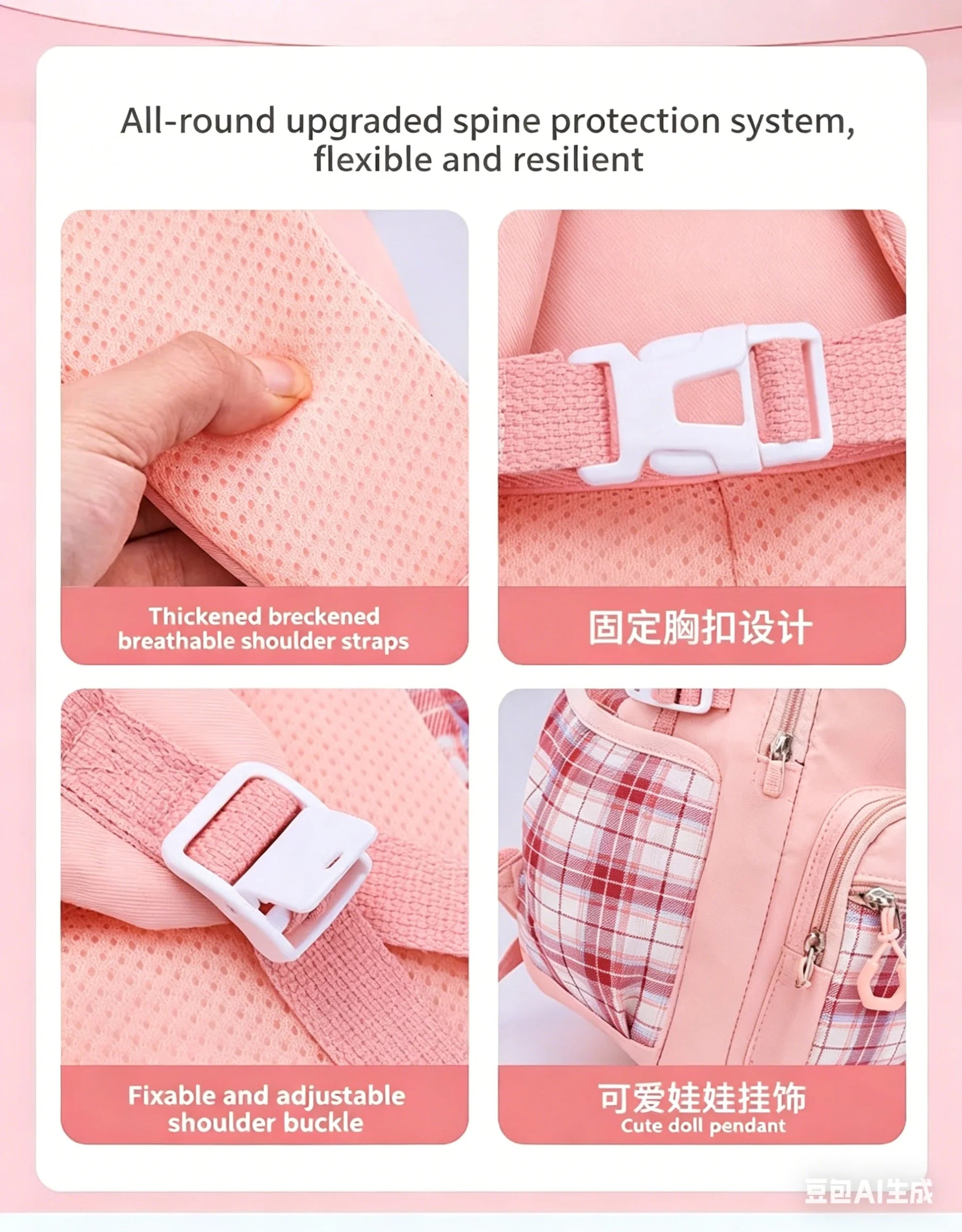 Protecting The Spine Ergonomics Elementary School Students Girls Checkered Backpack Large Capacity Lightweight Waterproof