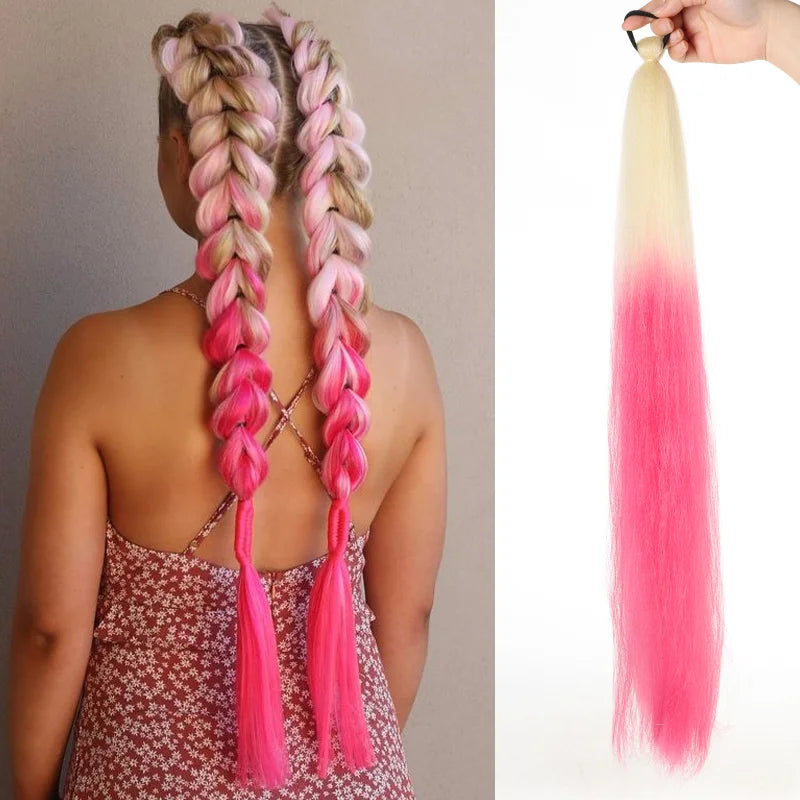 LUPU Synthetic Ponytail Extension with Elastic Tie Hair Band 26" Long Straight Colored Braiding Ponytail Ombre Pink Purple Blue