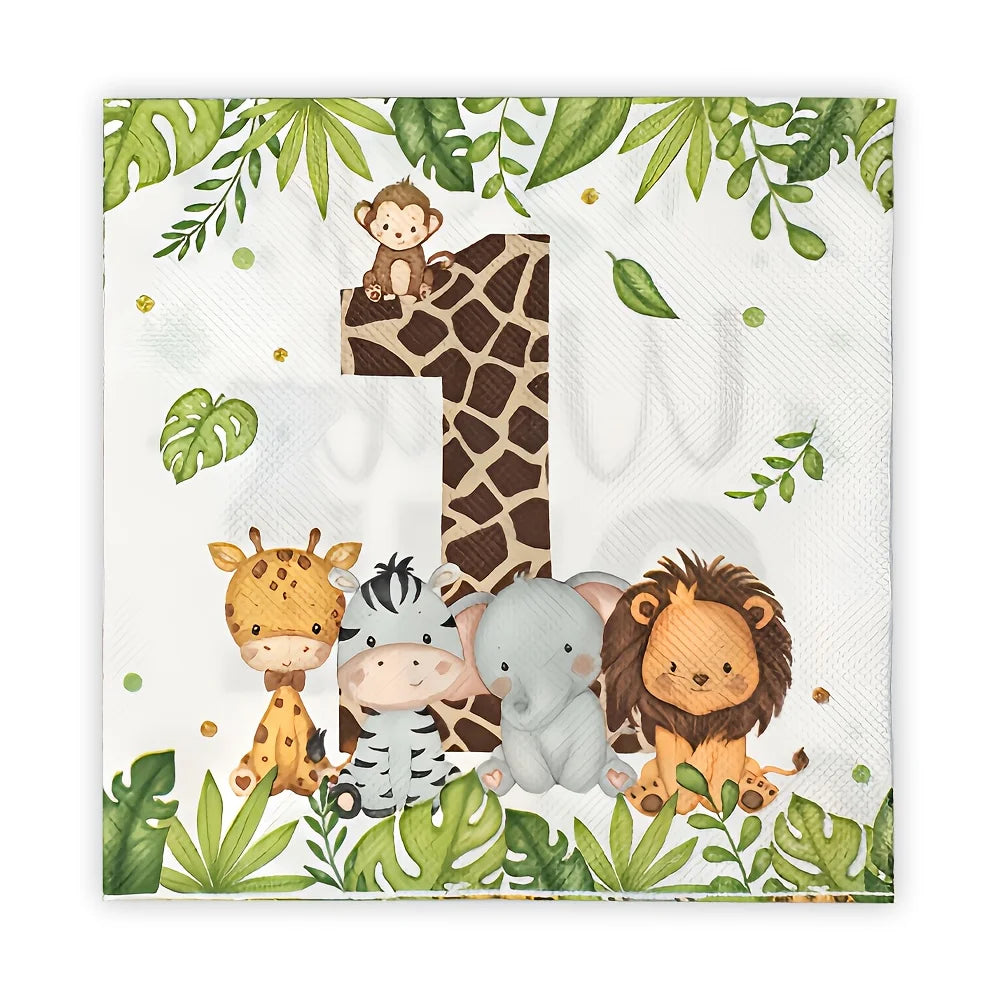 20Pcs/Bag Jungle Animals ONE Printed Napkins Wedding Birthday Baby Shower Party Paper Tissues Camping Hotel Table Napkins