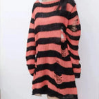 New Streetwear Top Punk Gothic Long Unisex Sweater Summer Women Striped Cool Hollow Out Hole Broken Jumper Loose Rock Thin Dark