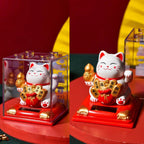 Solar Powered Maneki Neko Lucky Cat Welcoming Chinese Lucky Cat Waving Hand Beckoning Fortune Cat Figurines For Home Decor