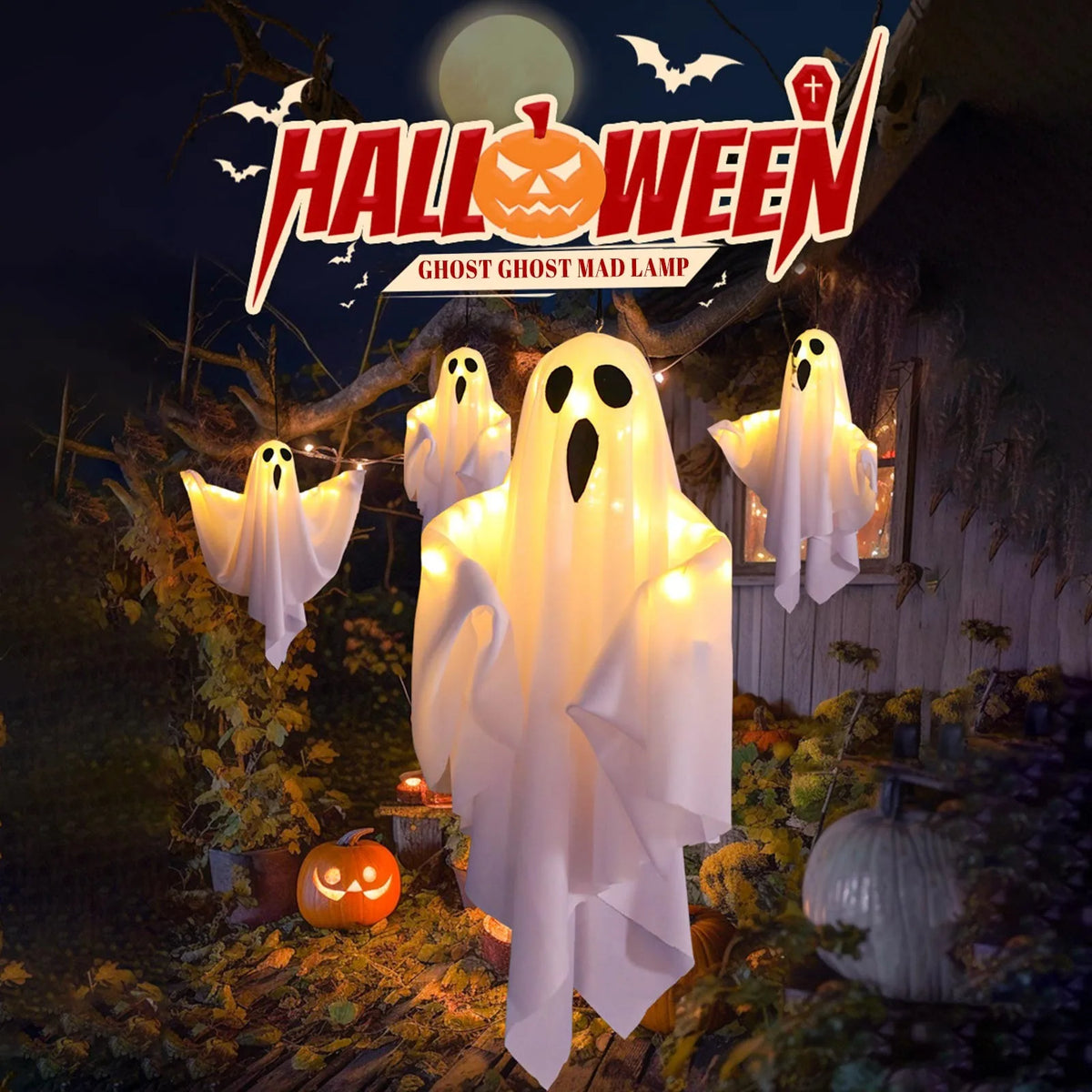 Halloween Ghost Hanging Decorations Halloween Hanging Light Up White Flying Ghosts Tree Window Wall Scary Ornament 50X40cm