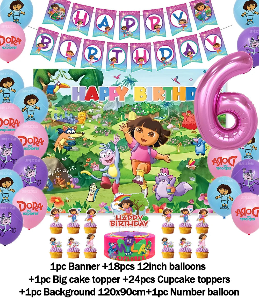 Cartoon-Dora-The-Explorer Theme Kids Birthday Party Digital Balloon Banner Background Cake Topper Decoration Supplies Baby Gifts