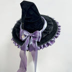 Halloween Party Witch Hat Costume Bowknot Large Black Crooked Ruched Wizard Hat Accessory