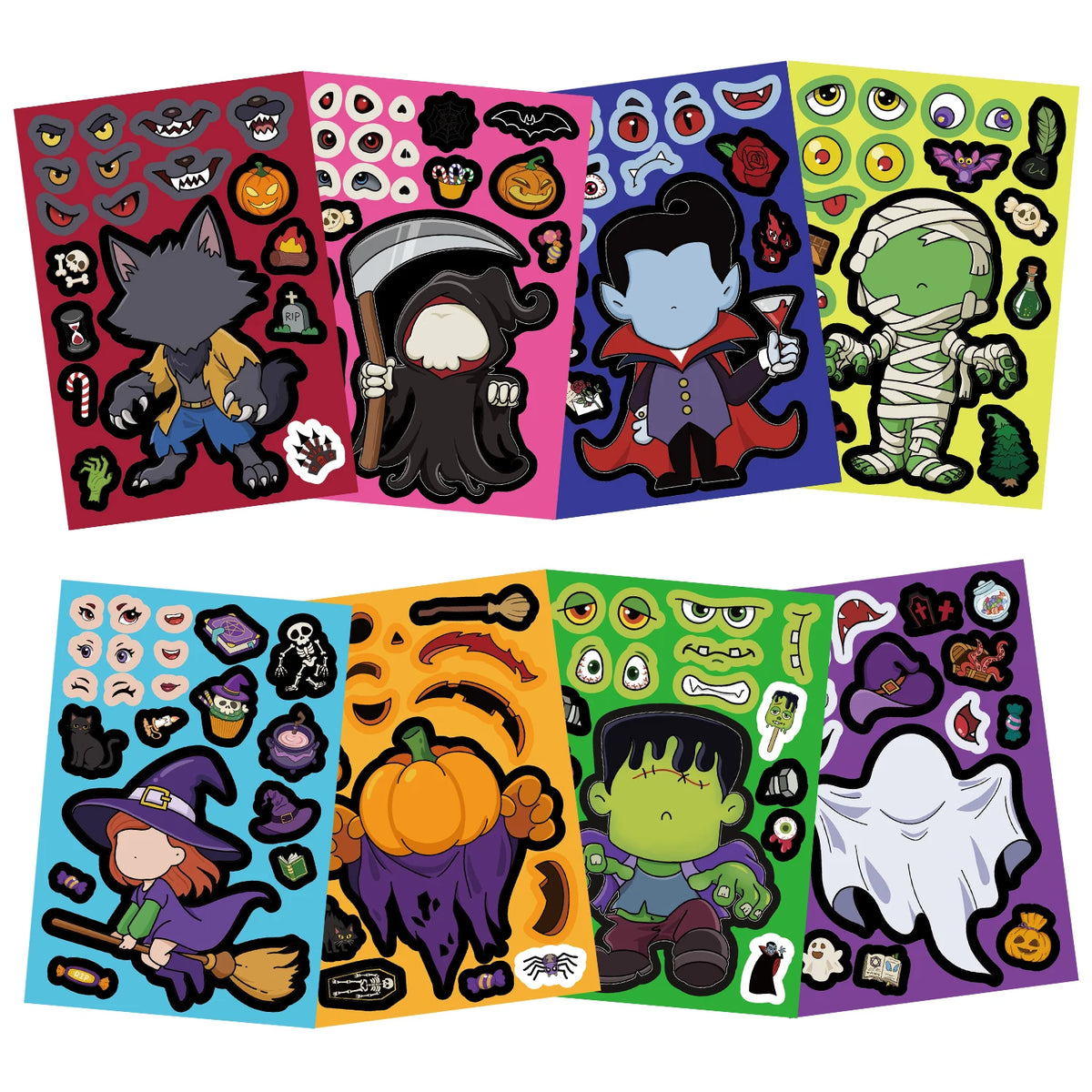 32Sheets Halloween Make a Face Puzzle PVC Sticker Kids Party Favors Gift Toy DIY Pumpkin Ghost Assemble Jigsaw Educational Game