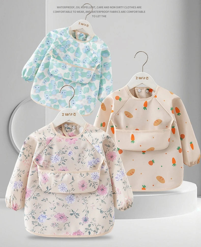 1PC Child Feeding Bib Waterproof Long Sleeve Apron Rice Pocket Feeding Blouse Toddler Bibs Children's Summer Thin Feeding Smock