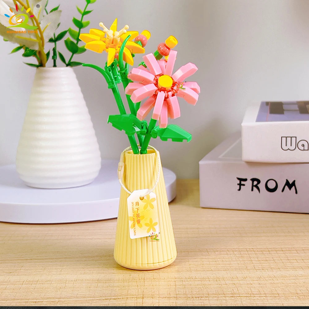 HUIQIBAO MOC Flower with pot Micro Building Block Sunflower Mini Model Bricks set Flowers Toys for Adults home Desk Decoration