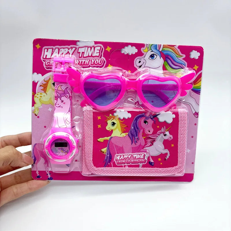Fashion 3ps Unicorn Hello Kitty Girls Watch Kids with Wallet Glasses Cartoon Spiderman Watch Children Clock Toys set