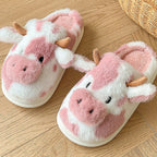 Women's Fluffy Cow Slippers Plush Winter Home Slides Comfort