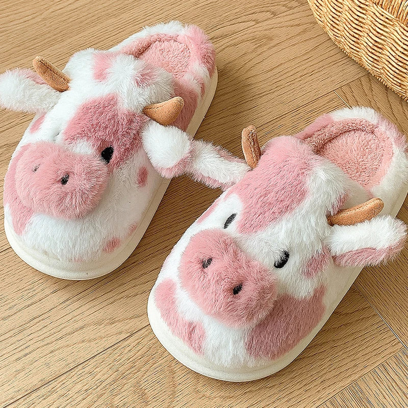 Women's Fluffy Cow Slippers Plush Winter Home Slides Comfort