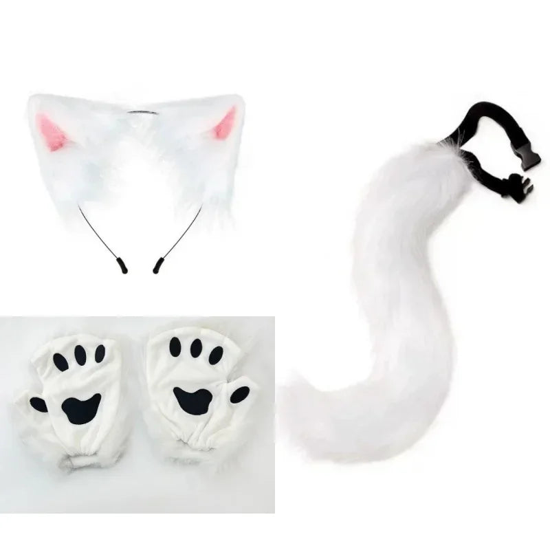 FluffyAnime Animal Fur Fox Tail Cat Paws Gloves and Ears Headwear Face Mask Cosplay Costume  Set Halloween Party Accessorie