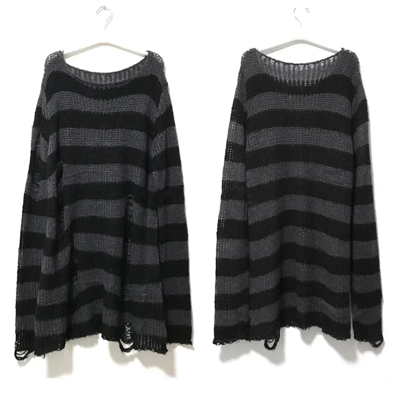 New Streetwear Top Punk Gothic Long Unisex Sweater Summer Women Striped Cool Hollow Out Hole Broken Jumper Loose Rock Thin Dark