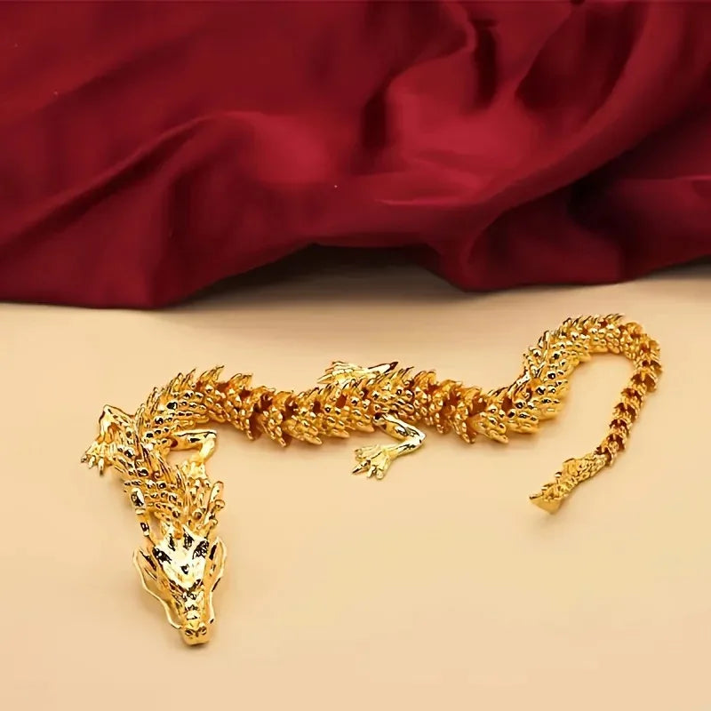 3D Alloy Golden Dragon Statue with Movable Limbs - Home Desktop Decoration Symbol of Power And Good Luck