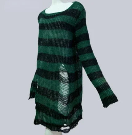 New Streetwear Top Punk Gothic Long Unisex Sweater Summer Women Striped Cool Hollow Out Hole Broken Jumper Loose Rock Thin Dark