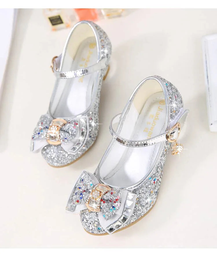 Princess Kids Leather Shoes for Girls Flower Casual Glitter Children High Heel Girls Shoes Butterfly Knot Blue Pink Silver