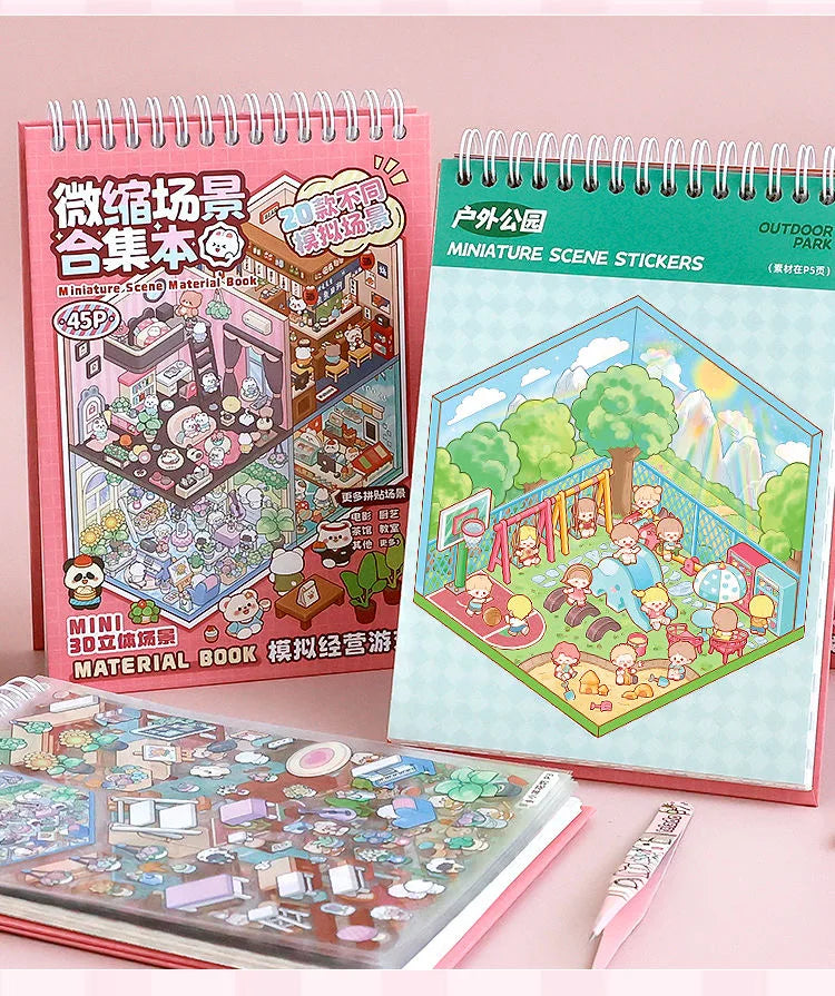 20Pcs Scenes Cartoon Landscape Sticker Book Forest Village DIY 3D Sticker Cabin Scene Pocket Birthday Gift for Kid Child Student