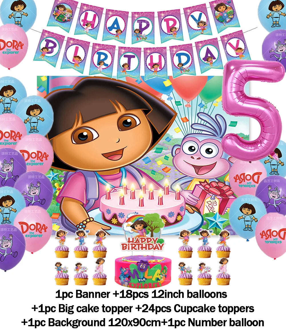 Cartoon-Dora-The-Explorer Theme Kids Birthday Party Digital Balloon Banner Background Cake Topper Decoration Supplies Baby Gifts