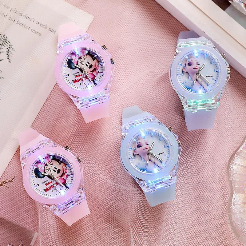 Cute Mickey Minnie Children Watches with Flash Light Silicone Strap Kids Watch Girls Anime Action Figures Model Toys Clock Gift