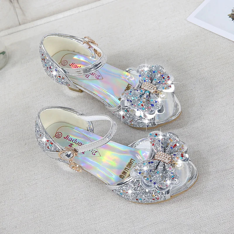 Children Princess Sandals Kids Girls Wedding Shoes High Heels Dress Shoes Bowtie Purple Pink Blue Silver Shoes For Girls