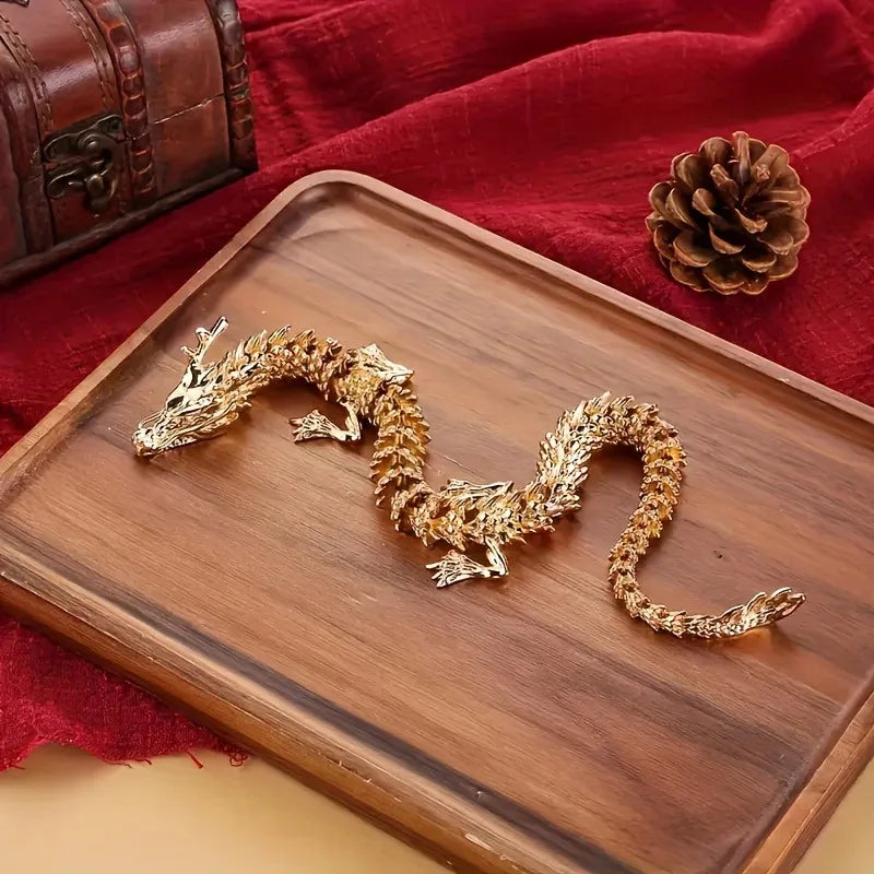 3D Alloy Golden Dragon Statue with Movable Limbs - Home Desktop Decoration Symbol of Power And Good Luck