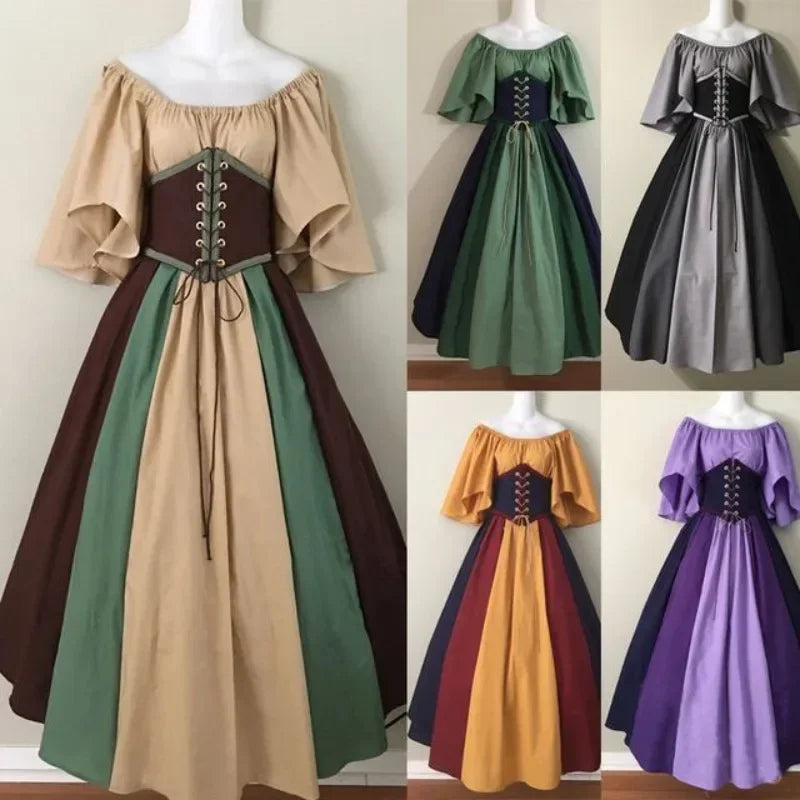 Halloween Costumes for Women Medieval Retro Contrasting Color Slim Swing Dress One-word Shoulder Dress Love Live Cosplay