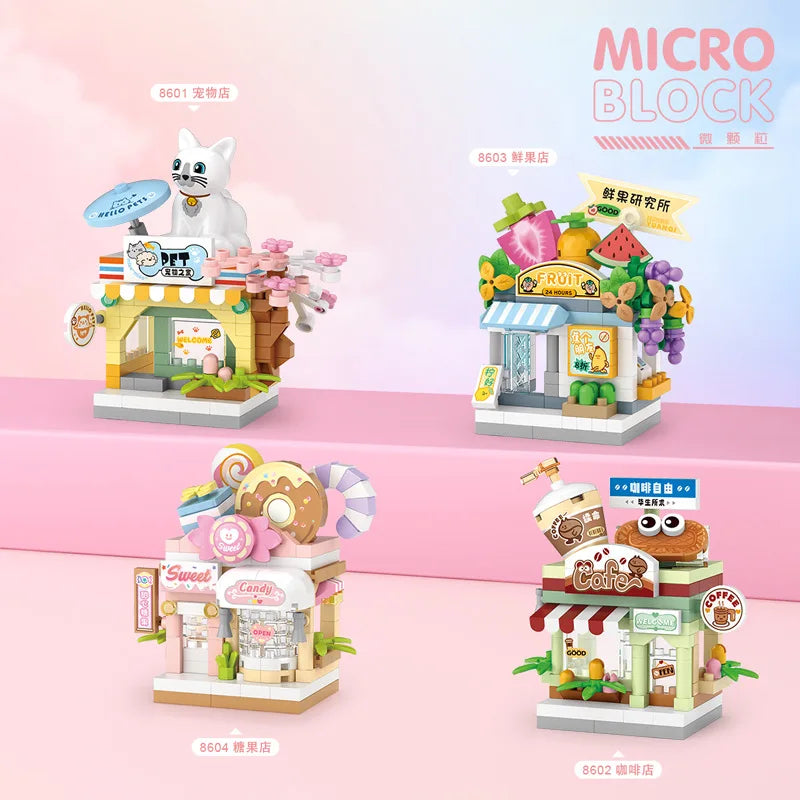Mini ABS Self-Locking Bricks Street View Blocks Panda Coffee Ice Cream Flower Shop DIY Toy for Kids Girls Birthday Gift
