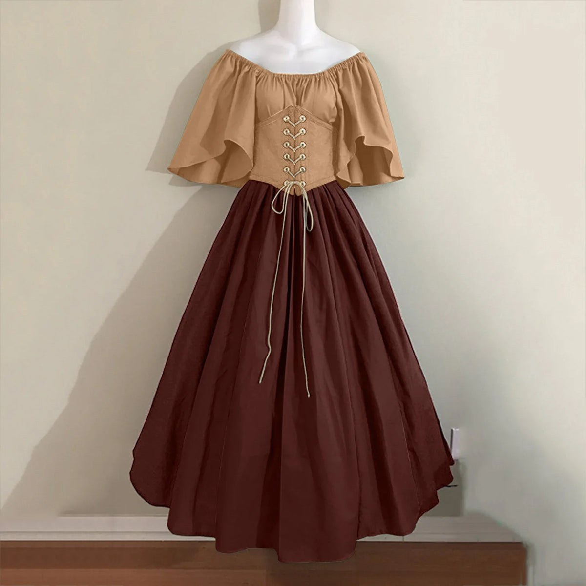 Halloween Costumes for Women Medieval Retro Contrasting Color Slim Swing Dress One-word Shoulder Dress Love Live Cosplay