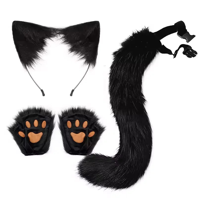 FluffyAnime Animal Fur Fox Tail Cat Paws Gloves and Ears Headwear Face Mask Cosplay Costume  Set Halloween Party Accessorie