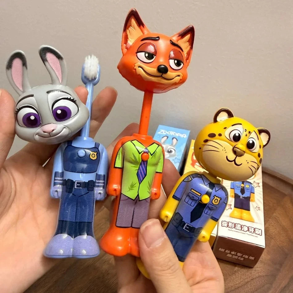 Disney Zootopia Scalable Toothbrush Cute Nick Judy Anime Figures Transformable Soft Bristled Toothbrush Fine Bristled Kids Gifts