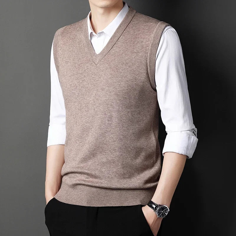2026 Autumn Winter New Men's Solid Color V-neck Knitted Vest Casual Fashion Warm Sweater Versatile Top