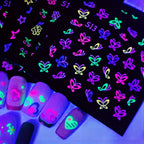 30 Sheets 3D Glow in The Dark Neon Nail Stickers - Glittery Glossy Self-Adhesive Nail Art Decorations with Butterfly, Love Heart