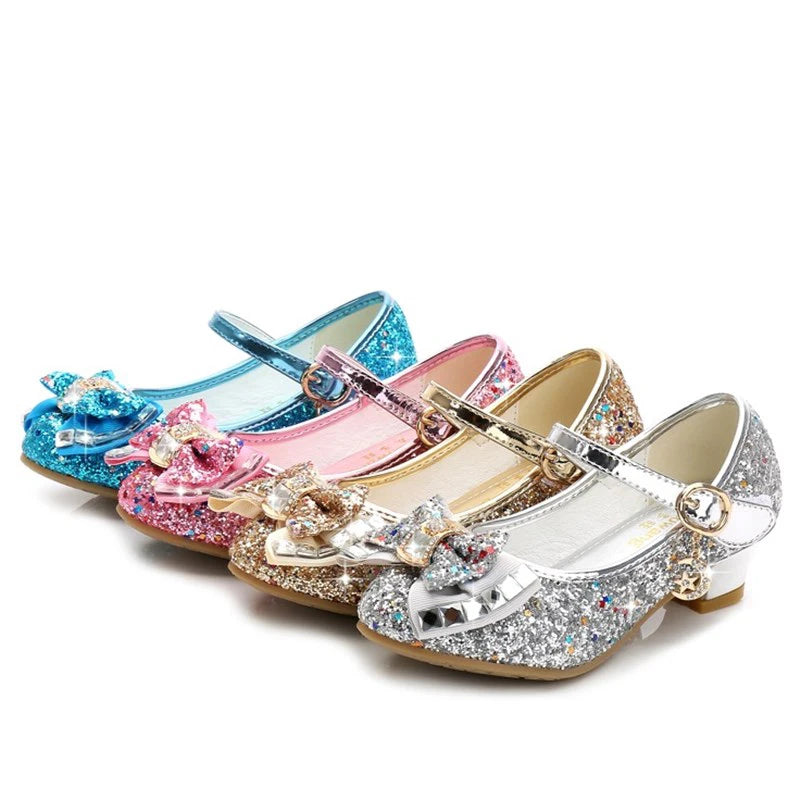 Children Princess Sandals Kids Girls Wedding Shoes High Heels Dress Shoes Bowtie Purple Pink Blue Silver Shoes For Girls