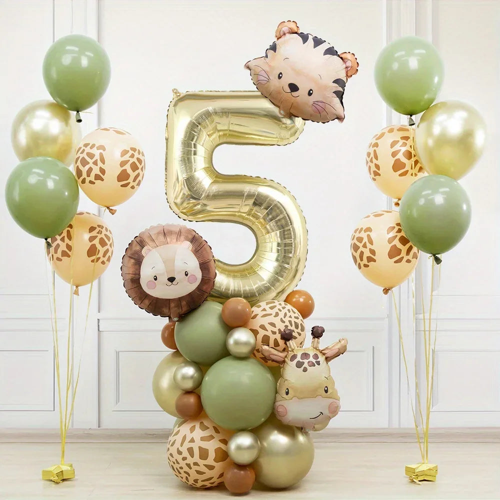 38pcs Wild Animal Balloon Tower with Gold 1-9 Number Balloon for Jungle Safari Birthday Party Decoration Forest Party Supply