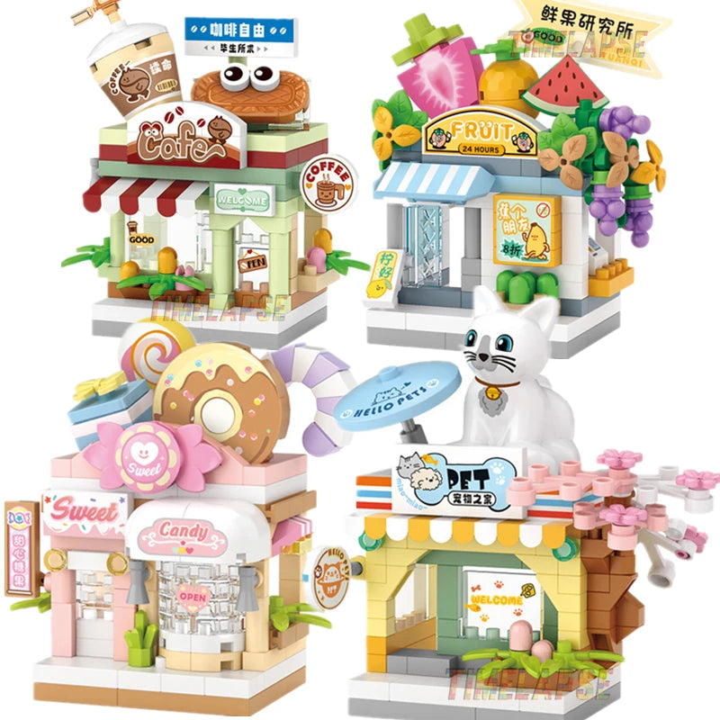 Mini ABS Self-Locking Bricks Street View Blocks Panda Coffee Ice Cream Flower Shop DIY Toy for Kids Girls Birthday Gift