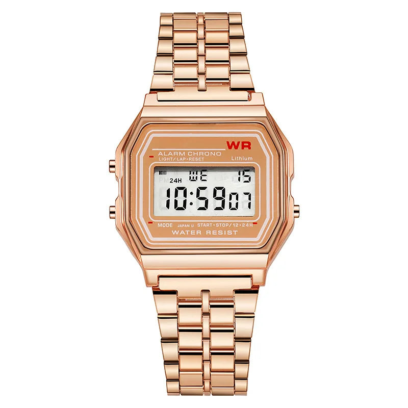 Rose Gold Digital Sports Watch – Retro Electronic Wristwatch