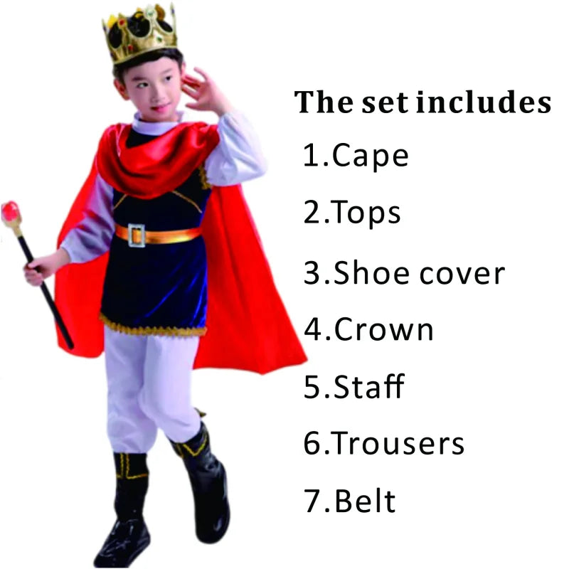 7 Pieces King Carnival Costume Medieval Royal Red Prince Full Set Outfits Halloween Birthday Party Fancy Dress Up Cosplay Wear