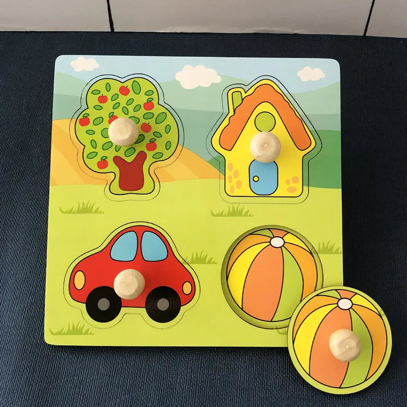 Montessori Wooden Puzzles Baby Toys Educational Hand Grab Board