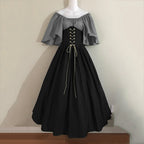 Halloween Costumes for Women Medieval Retro Contrasting Color Slim Swing Dress One-word Shoulder Dress Love Live Cosplay
